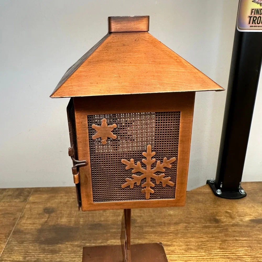 Rustic Copper Metal Snowflake Lantern Tea Light Candle Holder Winter Tree Decor